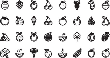 Fruits and Vegetables Line Art Icons Set — Minimal Black Outline Vector Collection