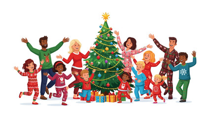 Obraz premium Joyful Christmas Gathering: A family and friends are gathered in the Christmas holidays celebrating the holiday, with vibrant smiles and open arms around a festively adorned Christmas tree.