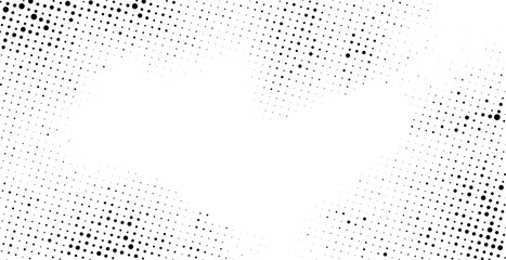 Fototapeta na wymiar Halftone gradient rectangle frame background. Grunge dotted texture border with copy space. Vector stipple pointillism texture with faded grit noise. Sand, grain pattern on transparent background