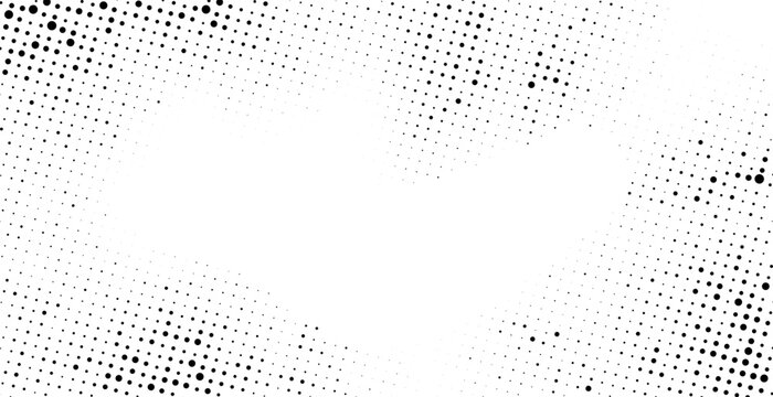 Halftone gradient rectangle frame background. Grunge dotted texture border with copy space. Vector stipple pointillism texture with faded grit noise. Sand, grain pattern on transparent background
