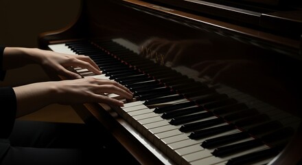 Fototapeta premium Close-up of a person's hands playing a grand piano. Focus on the keys and player