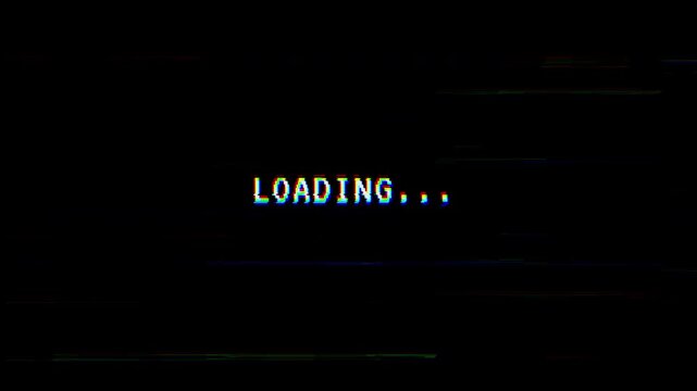 LOADING... text with RGB glitch distortion and VHS static lines on dark background, retro digital screen loading frame. 4K video