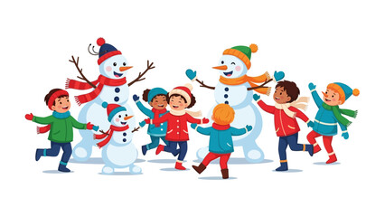 Joyful Winter Playtime: A heartwarming scene unfolds as children frolic around snowmen, embracing the snowy weather with laughter and delight. A celebration of winter fun and childhood wonder. 
