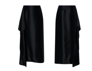 A Blank black women maxi skirt mockup, fitted black skirt showcasing pleats and a high waist design, ideal for formal stylish, transparent background.