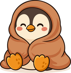 Cute kawaii-style penguin wrapped in a blanket, looking cozy and happy. Perfect for winter and holiday-themed designs.