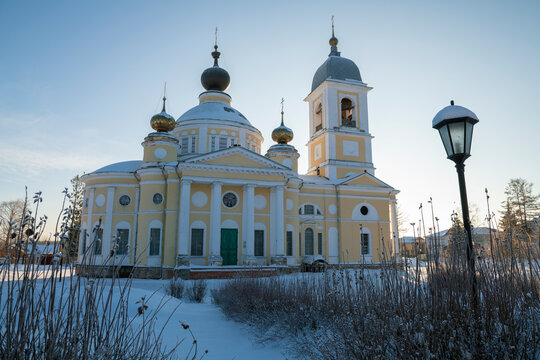 The ancient Cathedral of the Assumption of the Blessed Virgin Mary on a January evening. Myshkin. Yaroslavl region, Russia