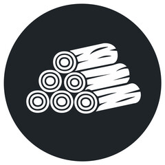 Stack of cut logs icon illustration with white lines on a dark circular background