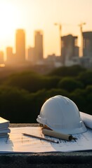 White construction hard hat and blueprints on job site overlooking city skyline at sunset.