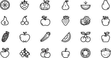 Fruits and Vegetables Line Art Icons Set — Minimal Black Outline Vector Collection