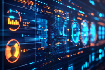 Futuristic dashboard interface with glowing blue data visualizations and analytics graphics, generative ai