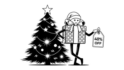 Holiday Promotion: A cheerful illustration showcases a gift box character wearing a Santa hat, standing next to a decorated christmas tree. The gift box holds a tag.