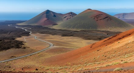 Dramatic volcanic landscape with winding road through arid red desert terrain