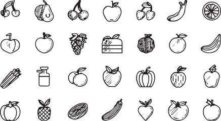 Fruits and Vegetables Line Art Icons Set — Minimal Black Outline Vector Collection