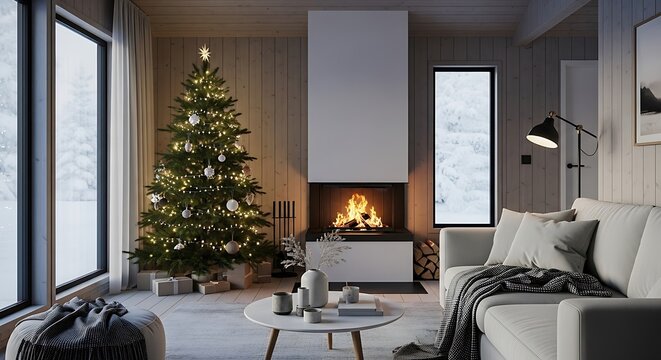 Cozy winter holiday living room with glowing fireplace and Christmas tree indoors