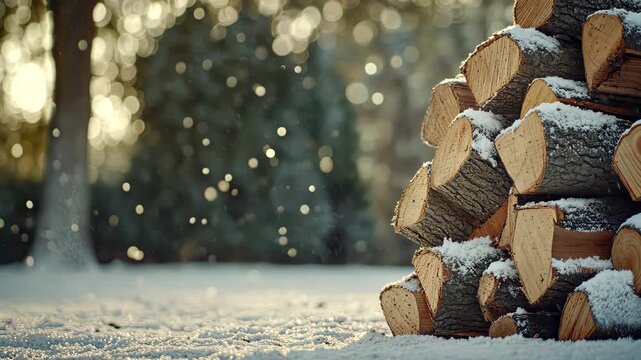 Soft snowflakes drift down onto a neat stack of firewood in a serene winter landscape, with sunlight adding a warm glow