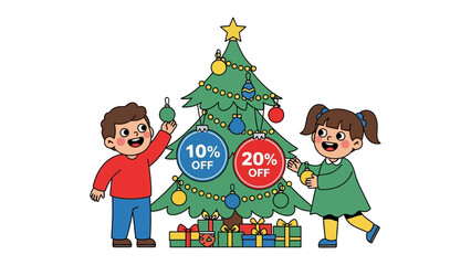 Festive Discount: Two children enthusiastically adorn a Christmas tree with ornaments, showcasing promotional discounts during the holiday season.
