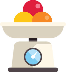 Kitchen scale weighing colorful balls, representing a diet and healthy food concept