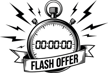 A stopwatch with a banner proclaiming "FLASH OFFER" symbolizes urgent deals and limited-time promotions.