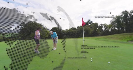 Two golfers initiating tech overlay, inspecting balls, executing putt and analyzing precision - Powered by Adobe