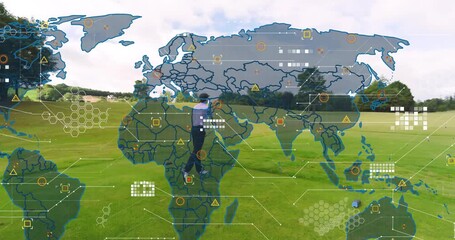 Golfer placing tee and driving on golf fairway, watching flight with animated world map overlay - Powered by Adobe