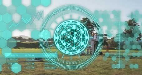 Cyan overlay rotating and updating data guiding women cricket players to fielding and batting spots - Powered by Adobe