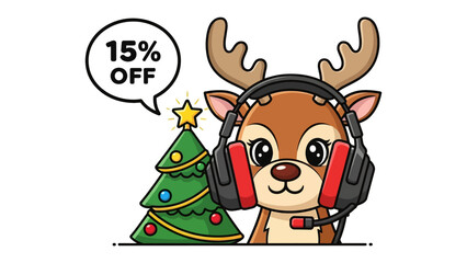 Festive Deal: Animated reindeer mascot with headphones next to a decorated christmas tree offers a limited-time 15% discount.