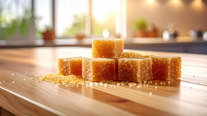 golden brown sugar cubes and granules on a wooden surface.