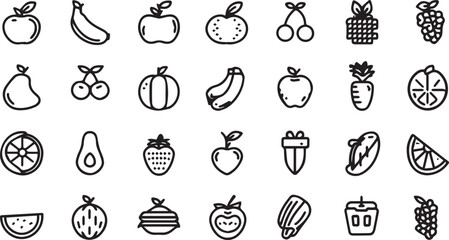 Fruits and Vegetables Line Art Icons Set — Minimal Black Outline Vector Collection