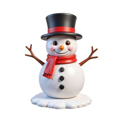 snowman, coal eyes, carrot nose, coal smile, top hat, striped scarf, stick arms, buttons, snowy base 3D Icon &ndash; Glossy Minimal Emoji Style, Isolated PNG object