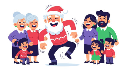 Joyful Family Celebration: Illustrative image of a merry holiday scene depicting a family gathering, featuring a jolly person dancing in front of an elderly couple, a couple with two children.