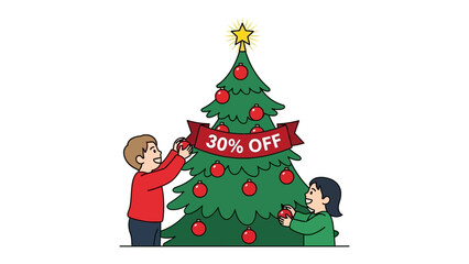 Festive Discount: Joyful figures adorn a Christmas tree with decorations, a banner boldly proclaiming a 30% discount, signaling the cheerful onset of holiday savings.