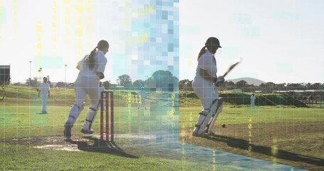 Bowler delivering cricket ball, batter driving stroke amid data overlay while fielders appealing - Powered by Adobe