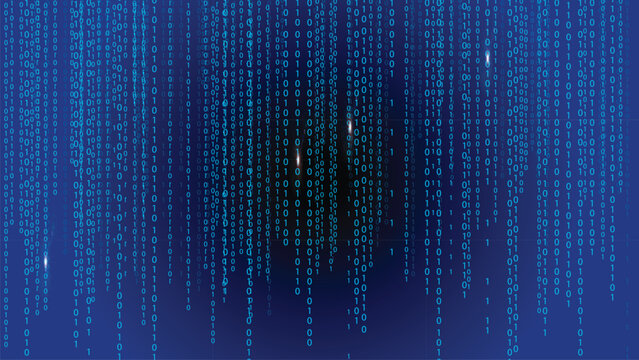 Binary numbers fall like digital rain on a blue background. Futuristic cyber stream, abstract tech pattern, software code, matrix effect and information security design. Vector illustration