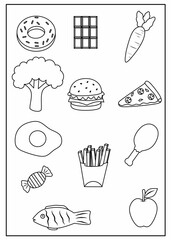 Healthy food coloring worksheet for preschool. Color fruits, vegetables, and snacks to learn healthy eating habits