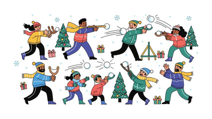 Winter Fun: Lively group of diverse individuals engage in a joyous snowball fight amidst a snowy landscape, exuding the spirit of winter play.