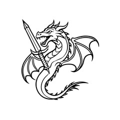 Dragon holding sword outline art on transparent background