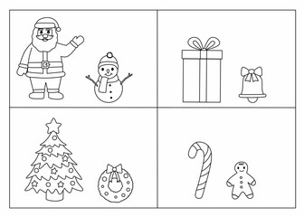 Black and white Christmas worksheet for learning big and small. Great for coloring and comparing festive pictures.