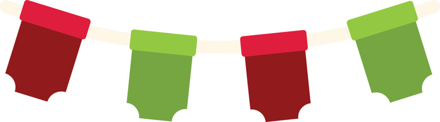 Red and green christmas garland flags hanging on a white rope, adding a festive touch to holiday decorations