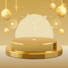 Golden podium with hanging ornaments and spotlight effect