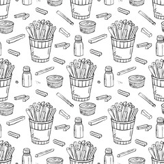 French fries seamless pattern design in black brush stroke texture isolated on white. Hand drawn vector sketch illustration in vintage charcoal ink. Packaging design, wrapping paper, menu design print