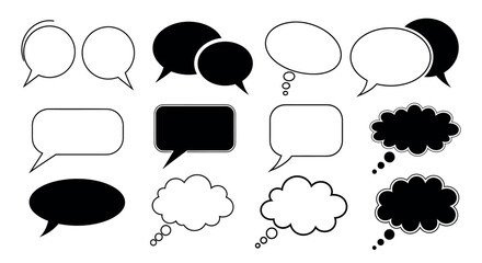 A collection of diverse speech and thought bubbles in various shapes and styles, presented in a graphic layout against a white background, symbolizing communication and ideas.
