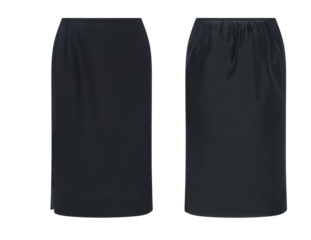 A Blank black women maxi skirt mockup, fitted black skirt showcasing pleats and a high waist design, ideal for formal stylish, transparent background.