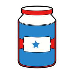 Cartoon jar with red white and blue design and star label