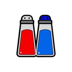 Two stylized salt and pepper shakers with red and blue contents