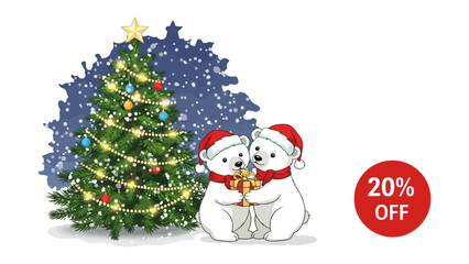 Holiday Cheer: Two charming polar bears, donned in festive Santa hats, exchange gifts near a beautifully decorated Christmas tree, amidst a gentle snowfall.