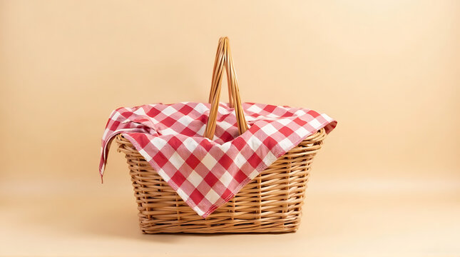 A rustic woven picnic basket with a red and white checkered cloth draped over its opening, set against a neutral, soft background.
