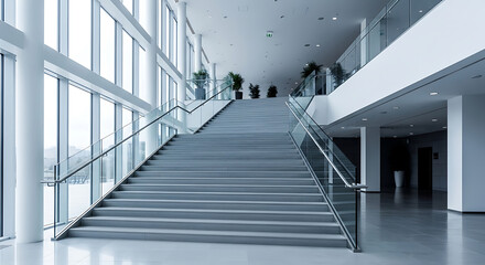 Obraz premium Modern staircase with glass railings in a bright contemporary building