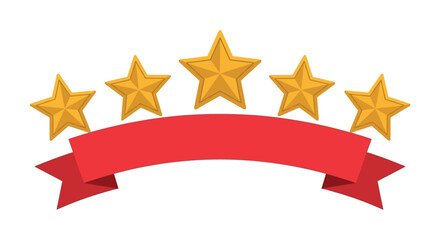 A red banner curves below five golden stars, symbolizing a perfect rating.