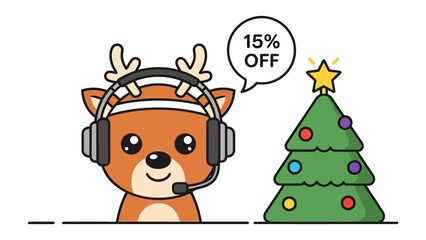 Christmas Customer Service: A friendly reindeer with headset cheerfully announces a festive discount by a decorated Christmas tree. The illustration radiates holiday cheer and customer appreciation.