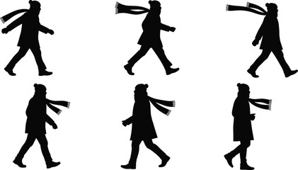 Silhouette person walking in winter clothing illustration, cold weather, outdoor activity, motion, travel, lifestyle, seasonal fashion, vector art design
